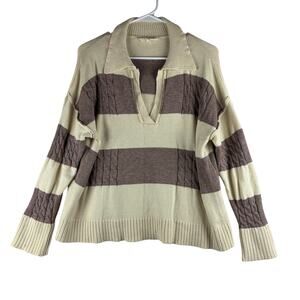 Inna V Neck Collared Chunky Knit Cable Sweater Women Small Striped Cream Taupe
